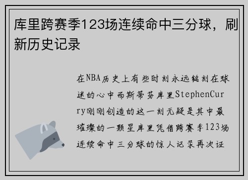 库里跨赛季123场连续命中三分球，刷新历史记录