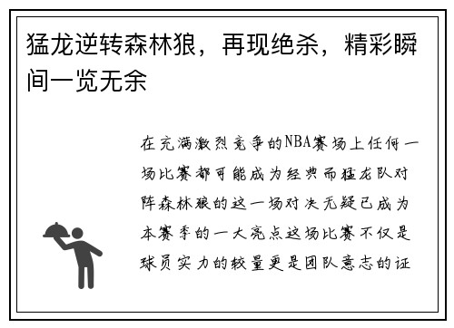 猛龙逆转森林狼，再现绝杀，精彩瞬间一览无余